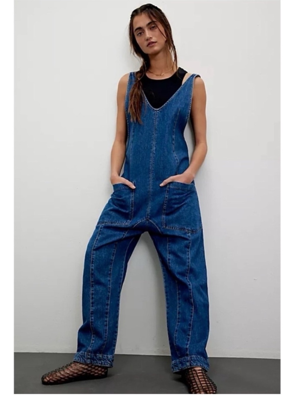 NWT Free People High Roller Denim Jumpsuit Blue Large